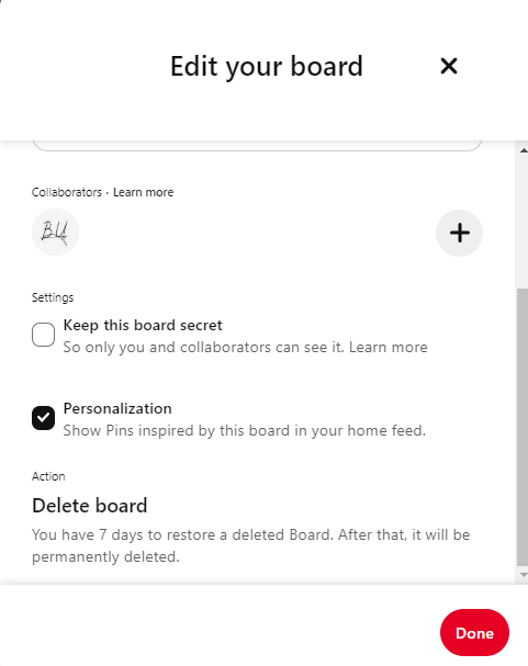 delete a board on Pinterest