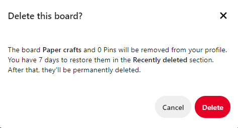 confirmation box to delete a Pinterest board