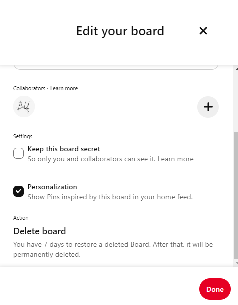 delete the board on Pinterest