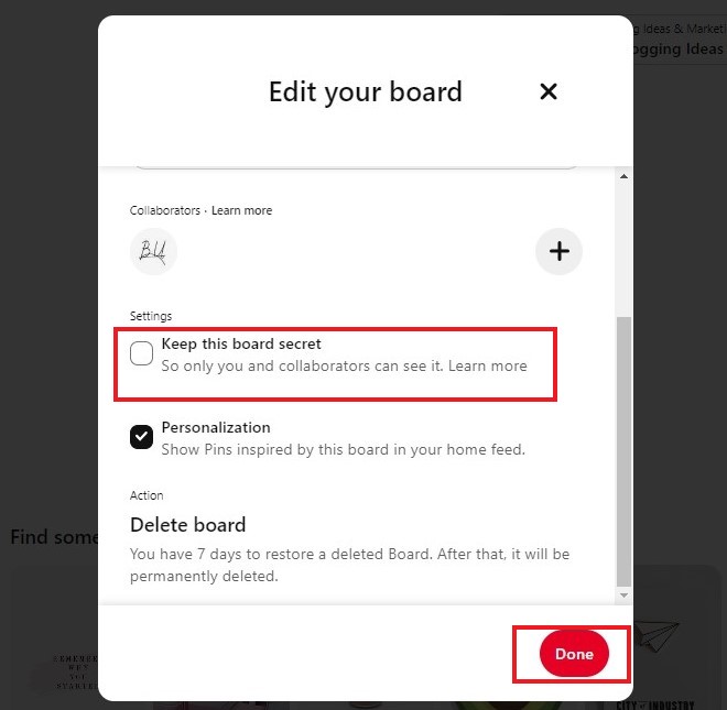Second method to make the Pinterest board private on desktop 2