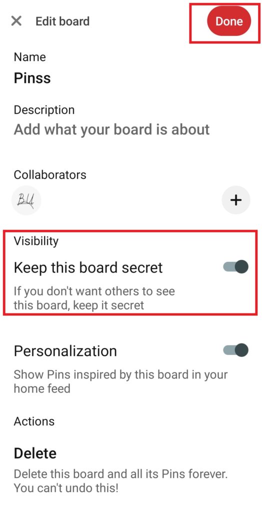 Make the Pinterest board private on Android 4