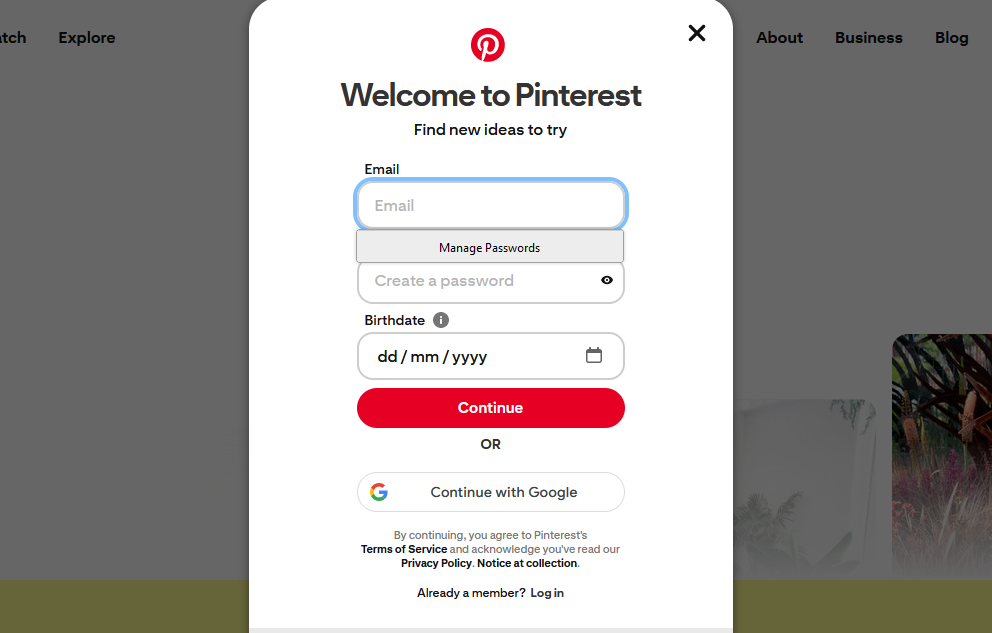 create an account with Pinterest step 2